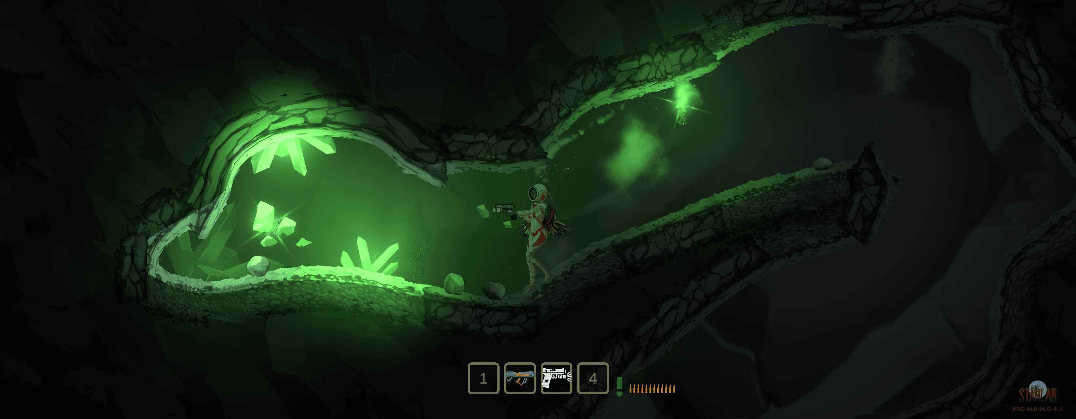 Player exploring a glowing alien cave with purple crystals on Earth